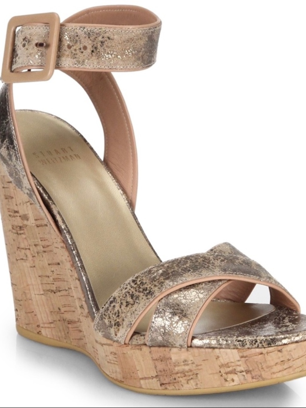 Stuart Weitzman cracked gold leather cork wedges size 7